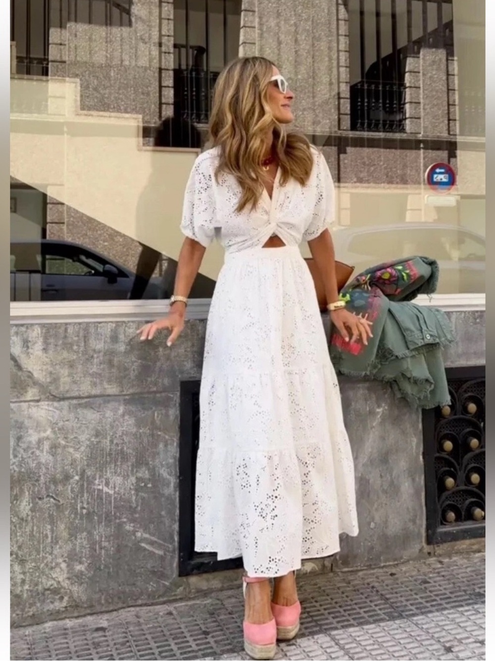 Zara Medium White Eyelet Cutout Midi Dress Boho Cottagecore NWT